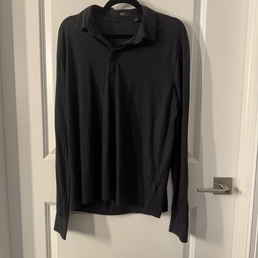 Hugo Boss Mens XL Black Wool Regular Fit Long Sleeve Polo